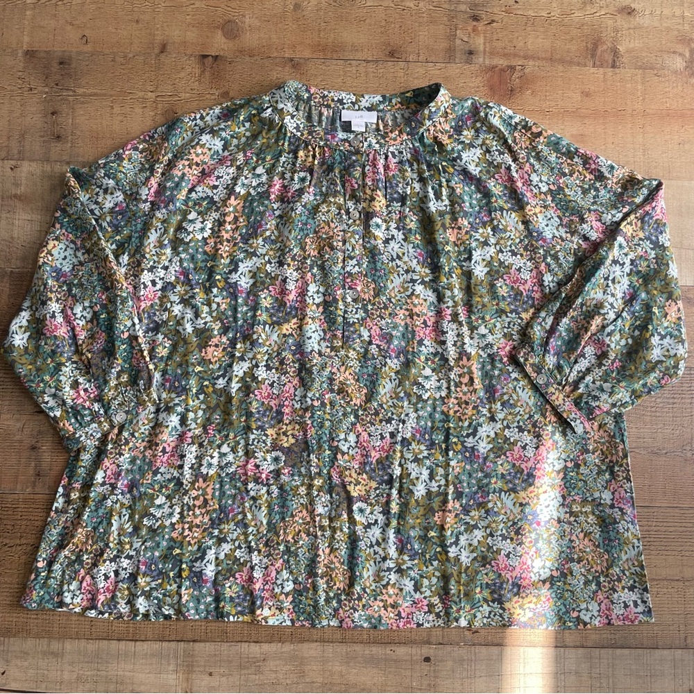 J.Jill Floral Pintuck Collar Flowy Blouse 3/4 Sleeve Womens Size M Green Pink